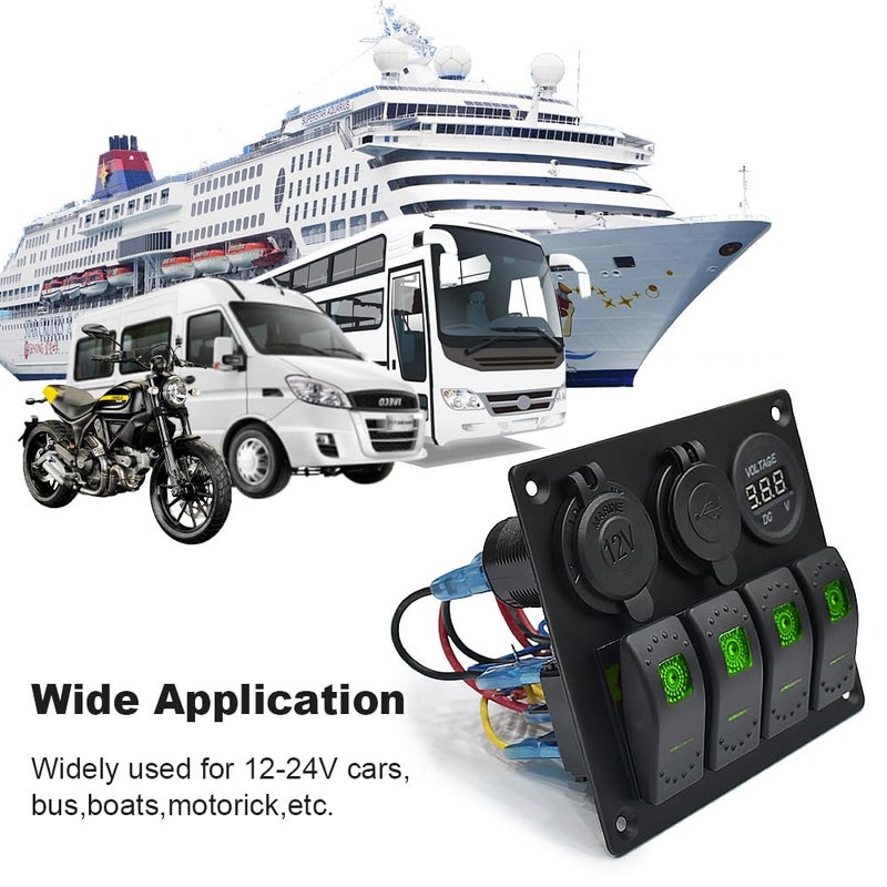 Garfour Green Waterproof Boat Rocker Switch Panel 3.1A Volt Dual USB Socket LED Light Voltmeter Cigarette Lighter Socket 4 Bang Rocker Switch Panel for Car RV SUV Boat - Image 5